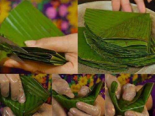 Gói bánh ít lá gai bằng lá chuối